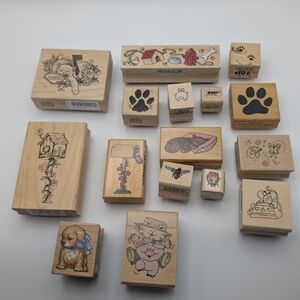 16 Animal Themed Wood Mount Rubber Stamps Cat Dog Ant Ladybug Pig Mouse Paw